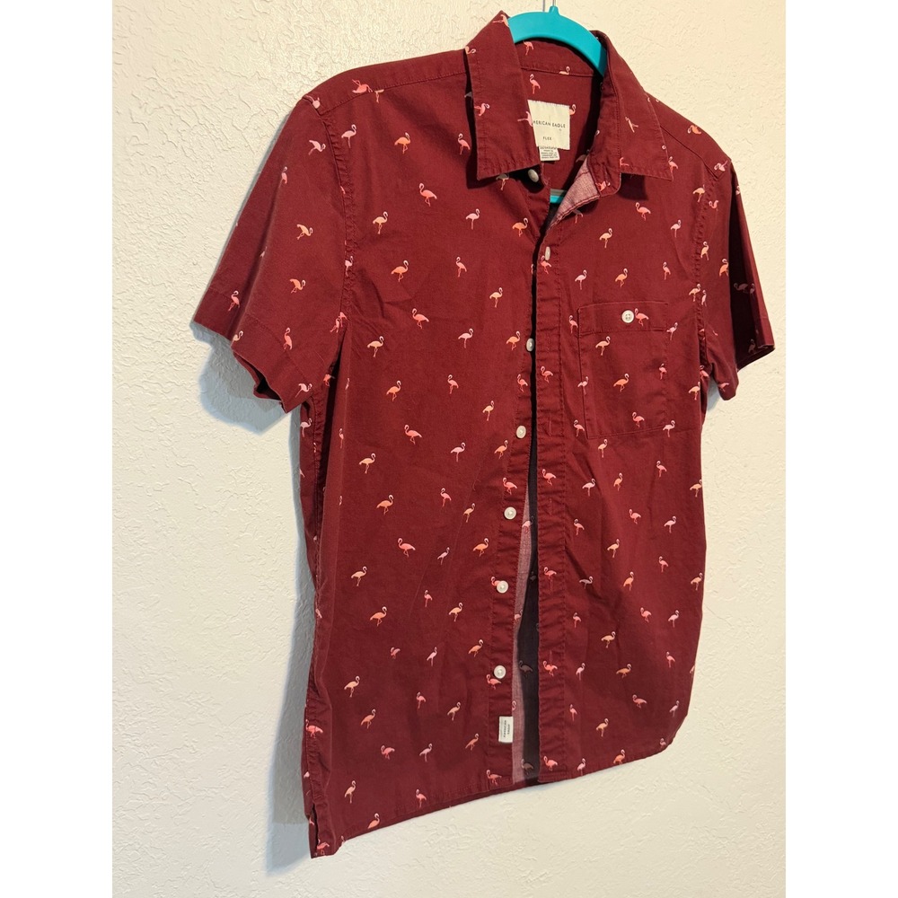 American Eagle Flex Men Shirt XS Flamingos Button Up Dark Red Stretch Valentine - Picture 5 of 13